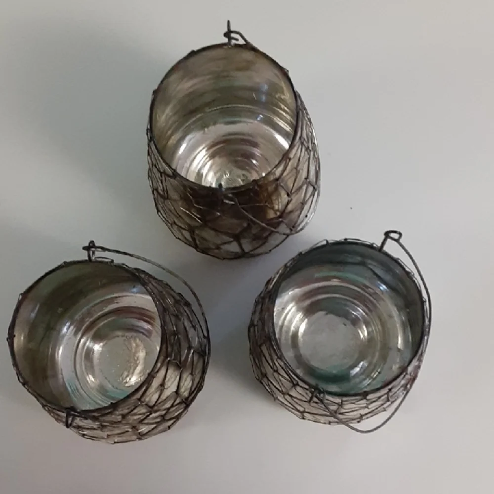 Terrain Lanterns, Rustic Cottage Style, 3 Set, Wire & Mercury Glass, Handle, NEW